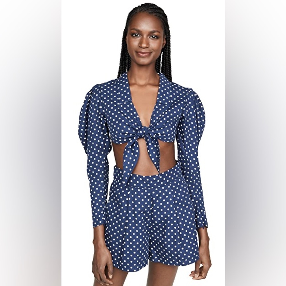 NWT WeWoreWhat “Bisou” Blouse | Cropped Blue Polka Dot Front Tie Top | Size XS